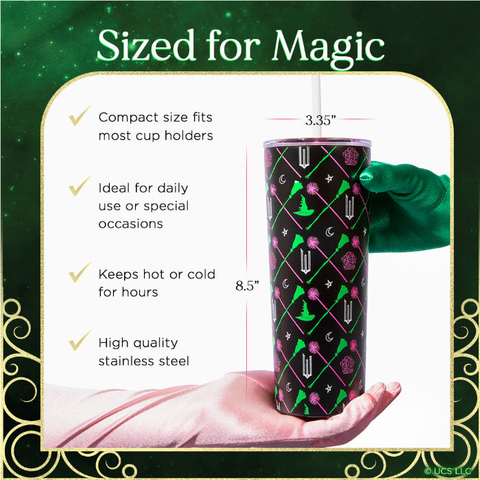 Officially licensed WICKED Elphaba and Glinda 24-ounce insulated stainless steel tumbler with removable lid, pink straw, and white straw.