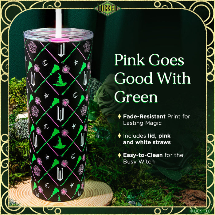 Officially licensed WICKED Elphaba and Glinda 24-ounce insulated stainless steel tumbler with removable lid, pink straw, and white straw.