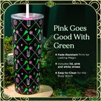 Officially licensed WICKED Elphaba and Glinda 24-ounce insulated stainless steel tumbler with removable lid, pink straw, and white straw.