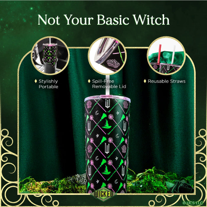 Officially licensed WICKED Elphaba and Glinda 24-ounce insulated stainless steel tumbler with removable lid, pink straw, and white straw.