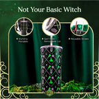 Officially licensed WICKED Elphaba and Glinda 24-ounce insulated stainless steel tumbler with removable lid, pink straw, and white straw.