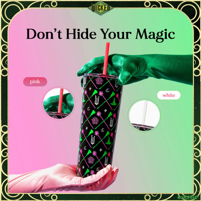 Officially licensed WICKED Elphaba and Glinda 24-ounce insulated stainless steel tumbler with removable lid, pink straw, and white straw.