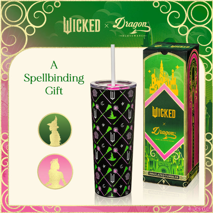 Officially licensed WICKED Elphaba and Glinda 24-ounce insulated stainless steel tumbler with removable lid, pink straw, and white straw.