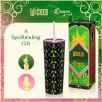 Officially licensed WICKED Elphaba and Glinda 24-ounce insulated stainless steel tumbler with removable lid, pink straw, and white straw.