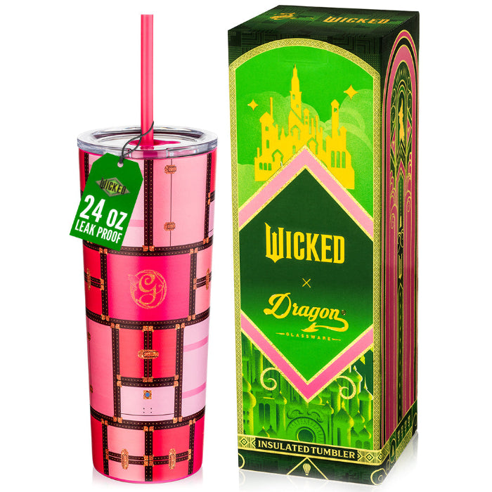 Officially licensed WICKED Glinda Luggage 24-ounce insulated stainless steel tumbler with removable lid, pink straw, and white straw.