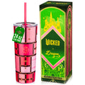 Officially licensed WICKED Glinda Luggage 24-ounce insulated stainless steel tumbler with removable lid, pink straw, and white straw.