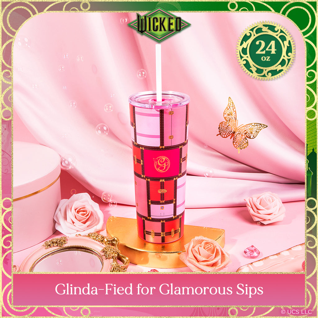 Officially licensed WICKED Glinda Luggage 24-ounce insulated stainless steel tumbler with removable lid, pink straw, and white straw.
