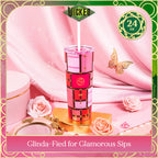 Officially licensed WICKED Glinda Luggage 24-ounce insulated stainless steel tumbler with removable lid, pink straw, and white straw.
