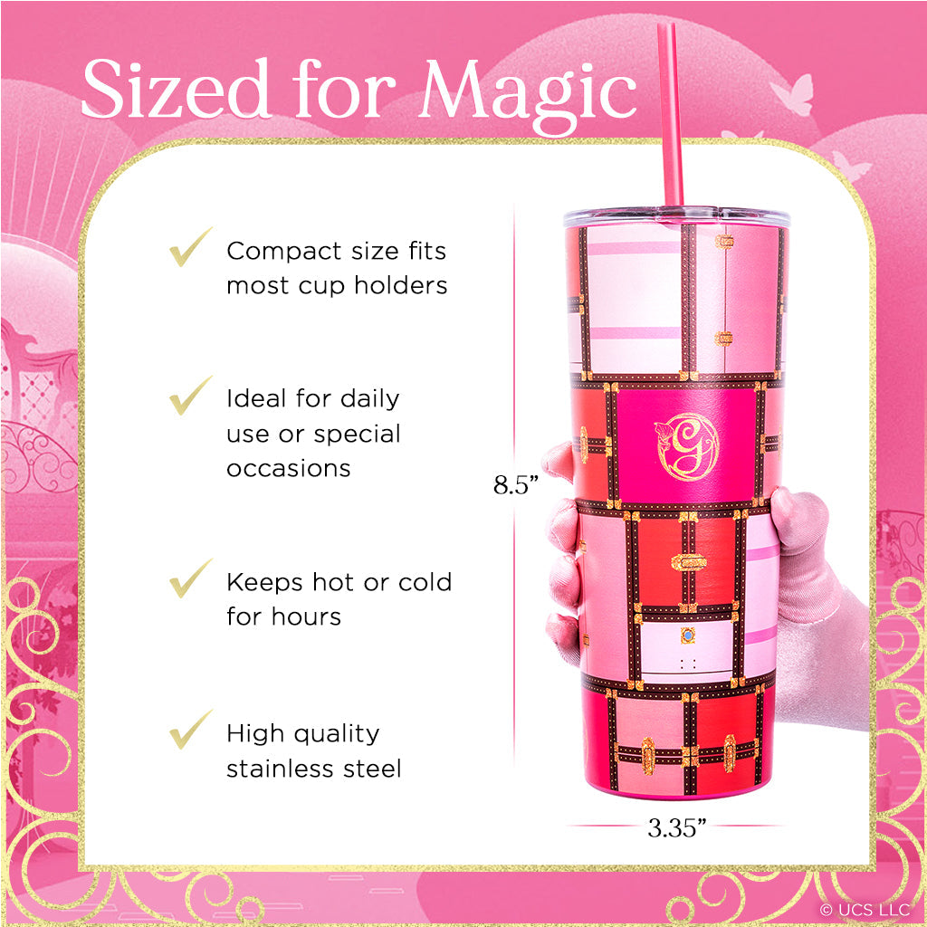 Officially licensed WICKED Glinda Luggage 24-ounce insulated stainless steel tumbler with removable lid, pink straw, and white straw.