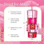 Officially licensed WICKED Glinda Luggage 24-ounce insulated stainless steel tumbler with removable lid, pink straw, and white straw.