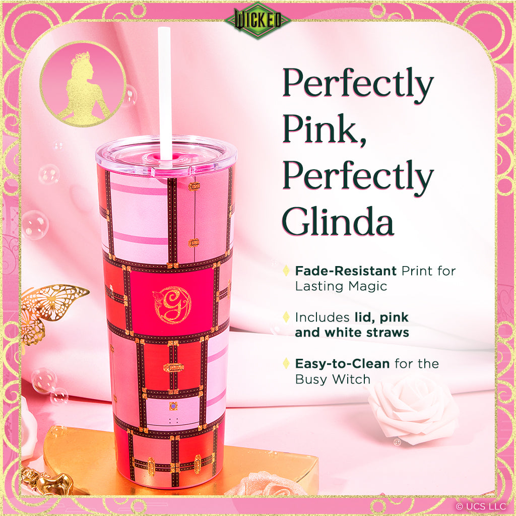 Officially licensed WICKED Glinda Luggage 24-ounce insulated stainless steel tumbler with removable lid, pink straw, and white straw.