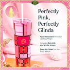 Officially licensed WICKED Glinda Luggage 24-ounce insulated stainless steel tumbler with removable lid, pink straw, and white straw.