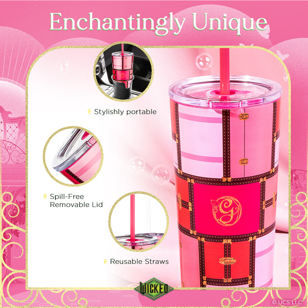 Officially licensed WICKED Glinda Luggage 24-ounce insulated stainless steel tumbler with removable lid, pink straw, and white straw.