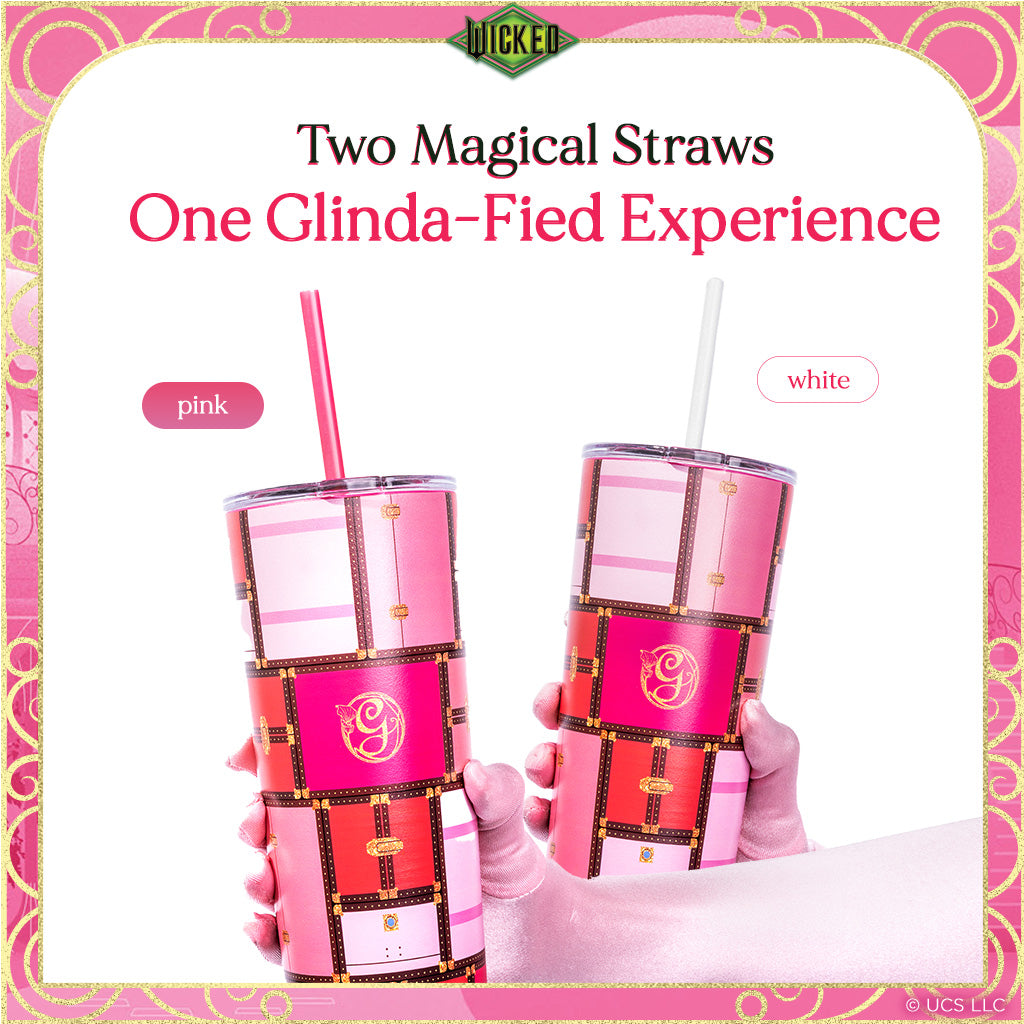 Officially licensed WICKED Glinda Luggage 24-ounce insulated stainless steel tumbler with removable lid, pink straw, and white straw.