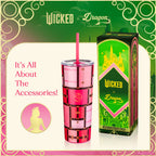 Officially licensed WICKED Glinda Luggage 24-ounce insulated stainless steel tumbler with removable lid, pink straw, and white straw.