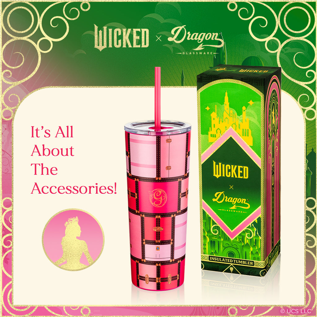 Officially licensed WICKED Glinda Luggage 24-ounce insulated stainless steel tumbler with removable lid, pink straw, and white straw.