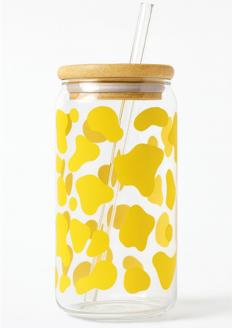 Cow Print 16oz Iced Coffee Glass Cup with Bamboo Lid & Reusable Straw
