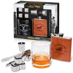 Yellowstone-inspired Western barware gift set featuring a leather flask, drinking glass, shot glass, reusable chilling stones, and gift-ready packaging.