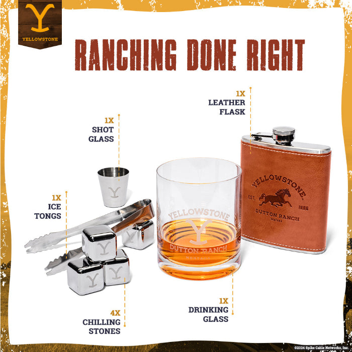 Yellowstone-inspired Western barware gift set featuring a leather flask, drinking glass, shot glass, reusable chilling stones, and gift-ready packaging.