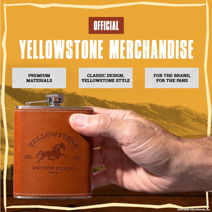 Yellowstone-inspired Western barware gift set featuring a leather flask, drinking glass, shot glass, reusable chilling stones, and gift-ready packaging.