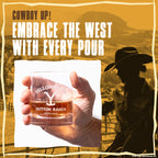 Hand holding a glass of whiskey with 'Yellowstone Dutton Ranch' branding, against a scenic background with text 'Cowboy Up! Embrace the West with every pour'.