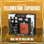 Yellowstone-themed barware gift set with bottle, glass, and other items on a rustic background.