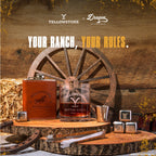 Yellowstone-themed drinkware set with a wooden wheel and 'Your Ranch, Your Rules' text on a rustic background.