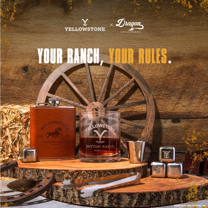 Yellowstone-themed drinkware set with a wooden wheel and 'Your Ranch, Your Rules' text on a rustic background.