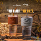 Set of two officially licensed Yellowstone 20-ounce glass drinking tumblers featuring Western-inspired designs with reusable lids and straws.