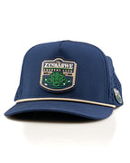 Zynbabwe Country Club Navy perforated rope golf hat by Pins & Aces with adjustable snapback, magnetic ball marker holder, and matching golf ball marker.