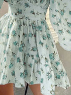 Sarina Lace Detail V-Neck Balloon Sleeve Dress featuring delicate lace accents, elegant balloon sleeves, a flattering V-neckline, and a flowy silhouette, perfect for weddings, bridal showers, church, and special occasions. 