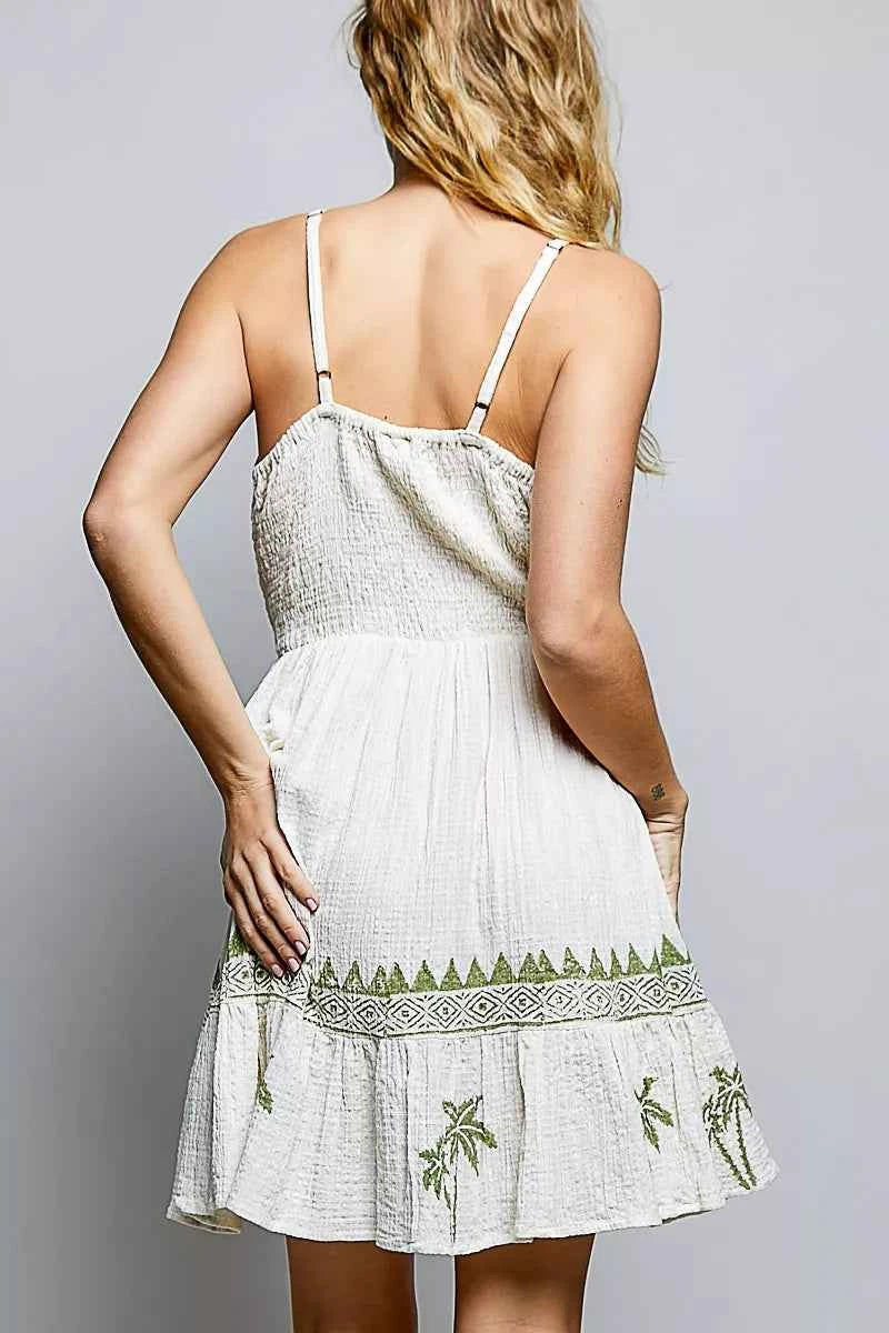 POL Palm Tree Print Wrap Bodice Smocked Waist Ruffle Hem Dress
