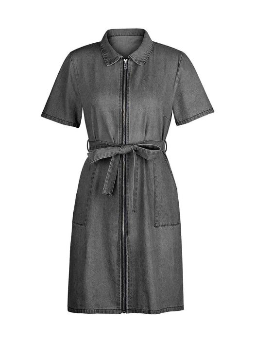 Fia Full Size Zip Front Short Sleeve Denim Dress (Available in Plus Size) in Color Dark Gray