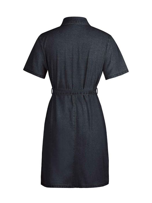 Fia Full Size Zip Front Short Sleeve Denim Dress (Available in Plus Size) in Color Black