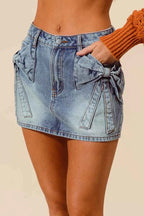 SO ME Bow Knot Pocket Denim Mini Skirt