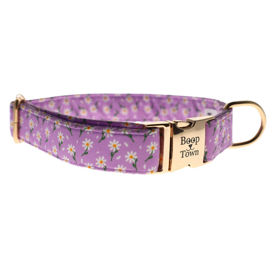 Purple Daisy Dog Collar – Soft Adjustable Cotton Collar with Metal Hardware