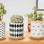 Black and White Planters Set – Ceramic Planters with Bamboo Trays