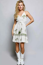 POL Palm Tree Print Wrap Bodice Smocked Waist Ruffle Hem Dress