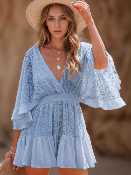 Hope Ruffle Hem Lace Mini Dress featuring delicate lace detailing, a flowy silhouette, feminine ruffle hem, and adjustable tie-back design, perfect for weddings, bridal showers, vacations, and spring or summer occasions. Color Light Blue