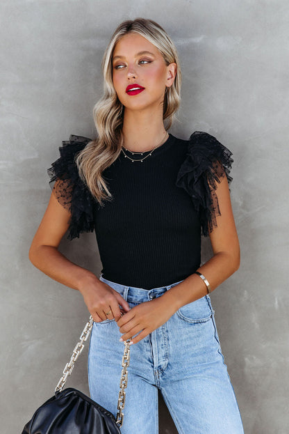 Slim Fit Mesh Sleeve Ribbed Top – Summer Solid Color Casual Blouse