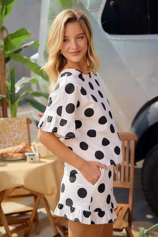 BiBi Polka Dot Ruffle Top & Shorts Set | Women's Cotton Two-Piece Lounge Outfit