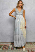 POL Deep V Sleeveless Cotton Bohemian Tiered Maxi Dress