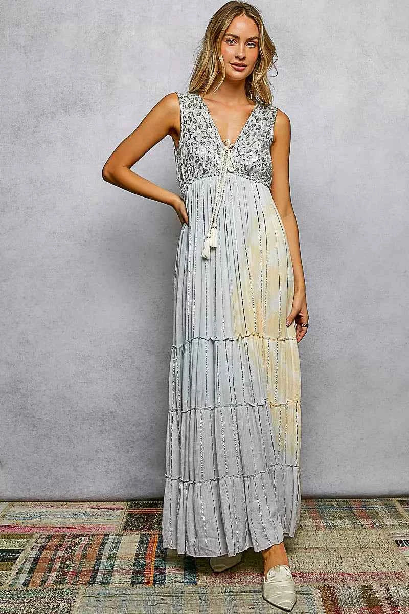 POL Deep V Sleeveless Cotton Bohemian Tiered Maxi Dress