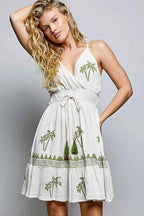 POL Palm Tree Print Wrap Bodice Smocked Waist Ruffle Hem Dress