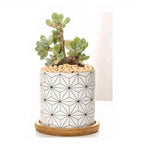 Black and White Planters Set – Ceramic Planters with Bamboo Trays