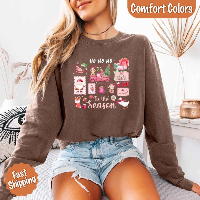 Comfort Colors Ho Ho Ho ’Tis The Season long sleeve Christmas shirt featuring a festive holiday graphic on a relaxed garment-dyed 100% cotton tee in Espresso