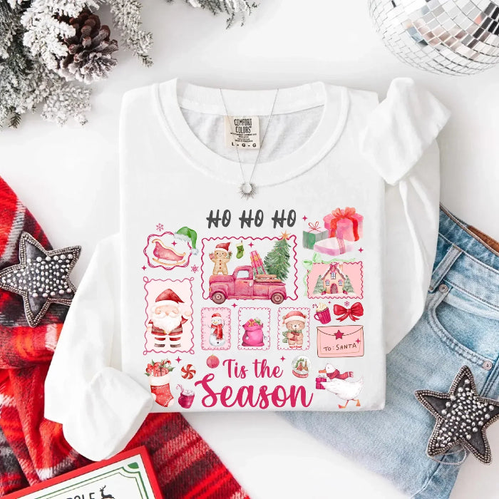 Comfort Colors Ho Ho Ho ’Tis The Season long sleeve Christmas shirt featuring a festive holiday graphic on a relaxed garment-dyed 100% cotton tee in White
