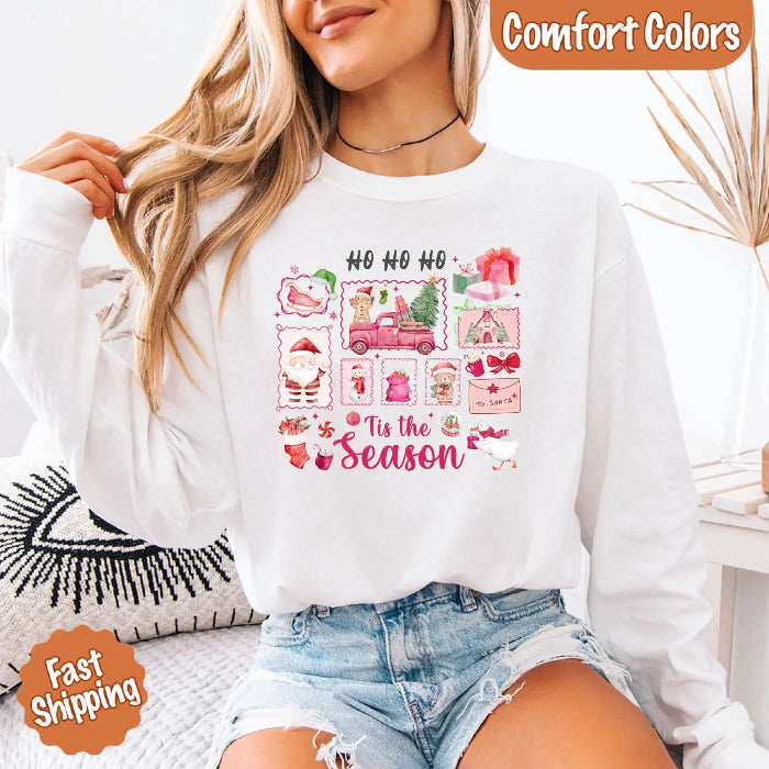 Comfort Colors Ho Ho Ho ’Tis The Season long sleeve Christmas shirt featuring a festive holiday graphic on a relaxed garment-dyed 100% cotton tee in Ivory