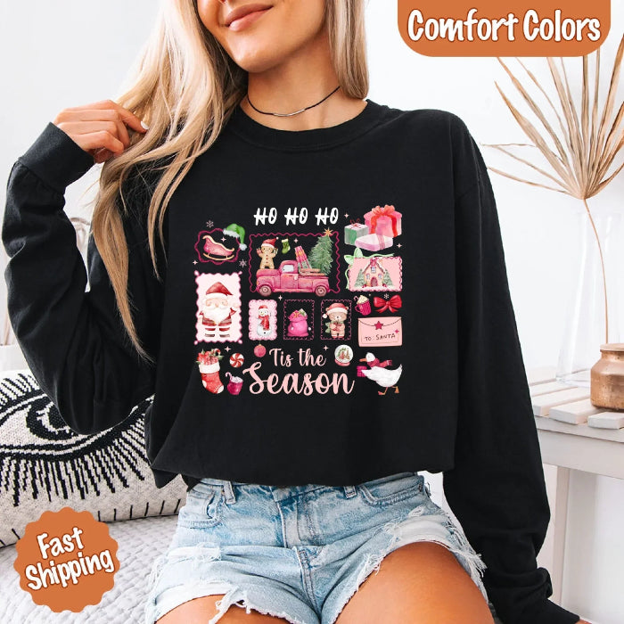 Comfort Colors Ho Ho Ho ’Tis The Season long sleeve Christmas shirt featuring a festive holiday graphic on a relaxed garment-dyed 100% cotton tee in Black