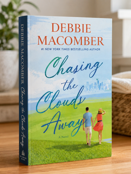 "Chasing the Clouds Away by Debbie Macomber paperback romance novel featuring a couple walking hand in hand through a green field toward a city skyline."